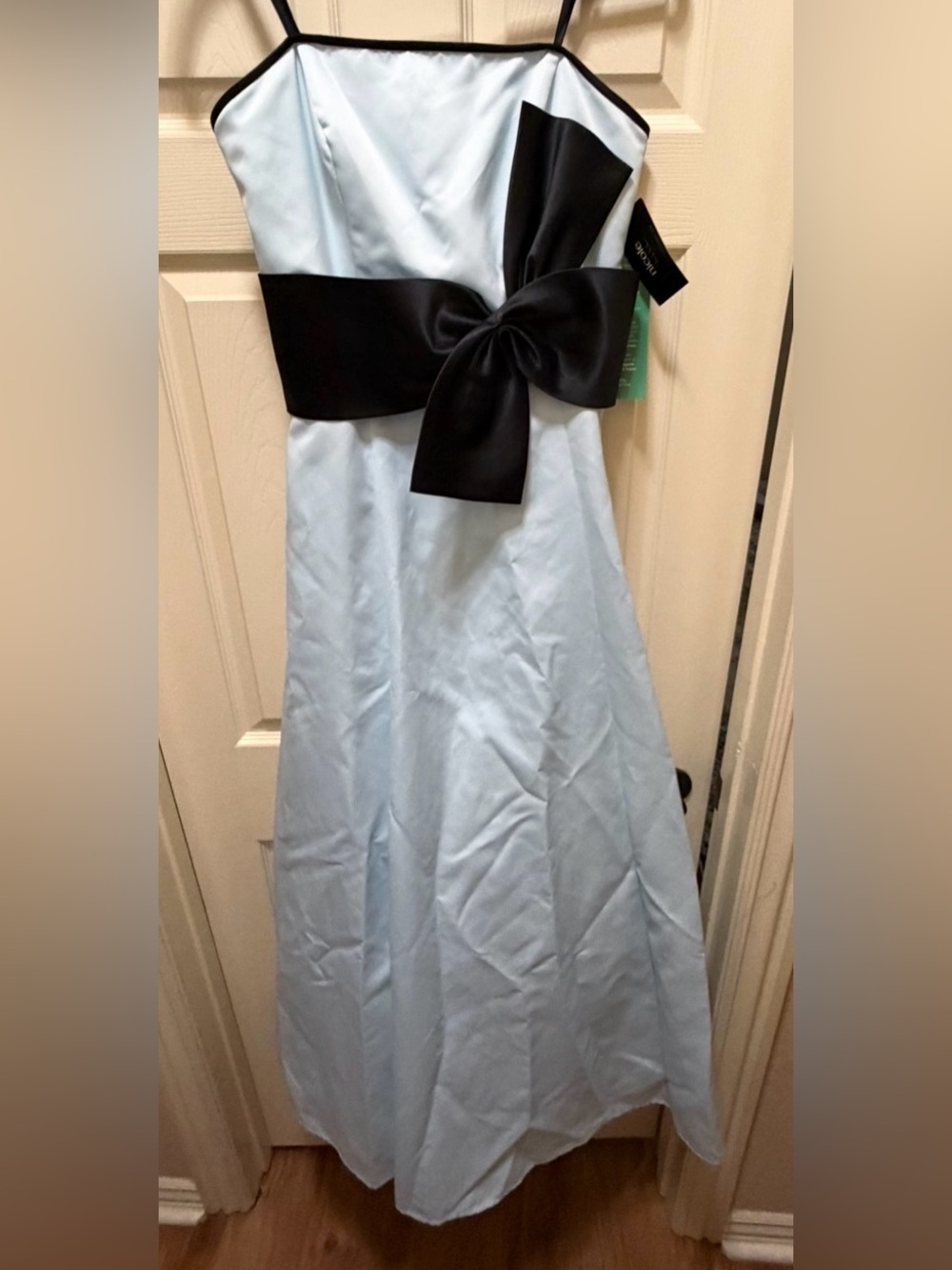 Nicole by Nicole Miller Strapless Cinderella Blue Satin Dress w/Black Trim/Bow